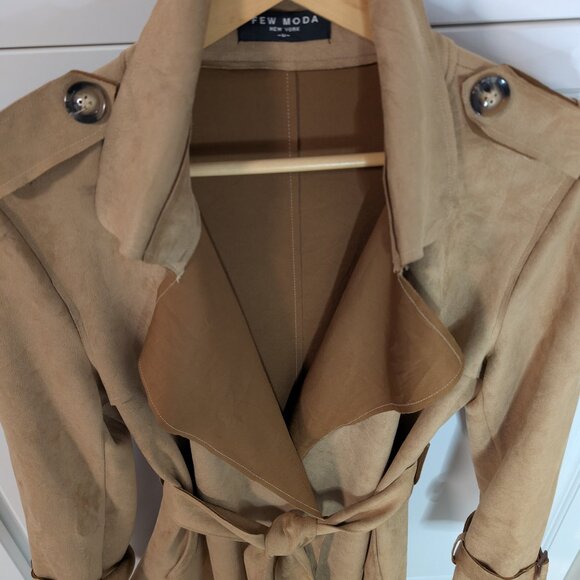 FEW MODA New York Camel Faux Suede Tie Waist Longline Trench Coat | Size M NWOT - Picture 3 of 14